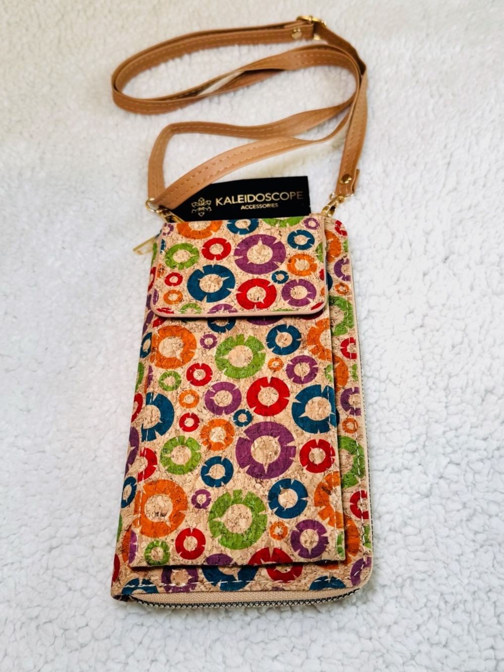 Kaleidescope Crossbody Purse Bag Cork Tan Lightweight Unique Geometric Colorful